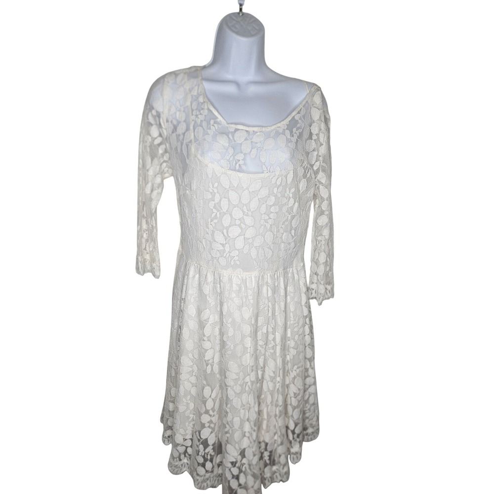 White Lace Fit & Flare Dress Small Long Sleeve Boho Cottagecore Bridal‎